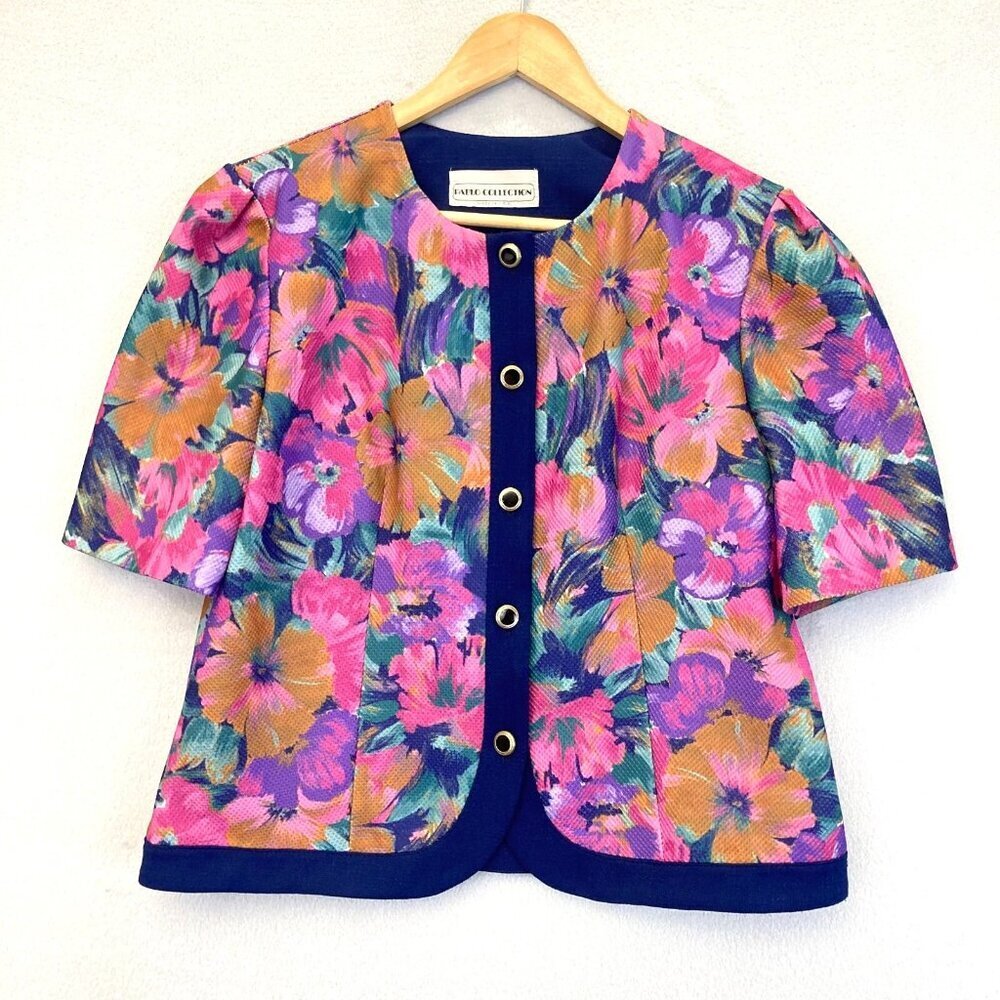 Pablo Collection Button Up Floral Blazer Jacket 8P Petite 8 Colorful 1/2 Sleeve - Picture 1 of 11